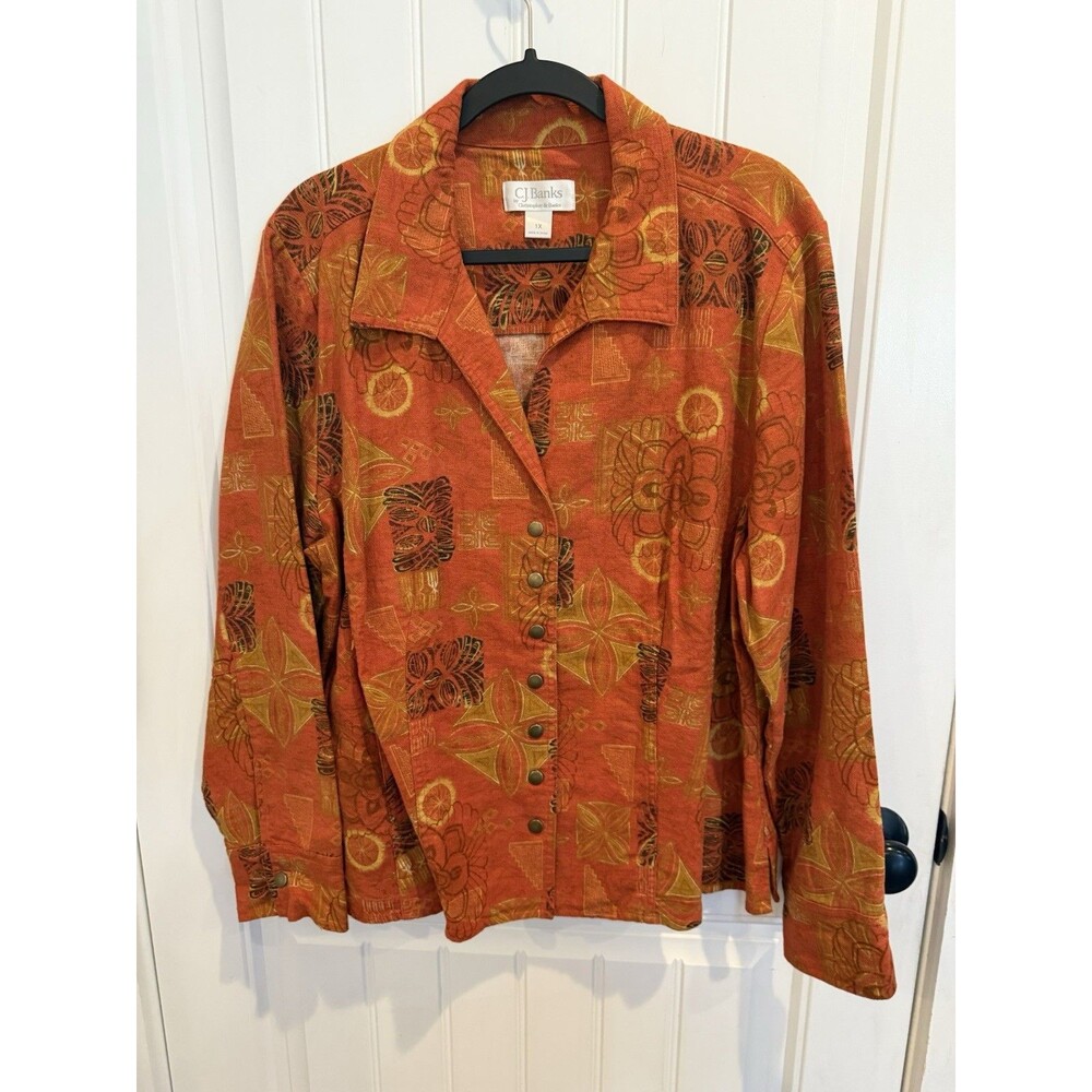 CJ Banks Women’s 1X Orange Geometric Print Linen Cotton Jacket Snap Front Boho